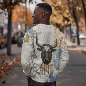 Apis Ancient Egyptian Sweatshirt with Beige-Gray Hieroglyphic, Ornate Bull Head, and Gold-Blue Typography - African Pride
