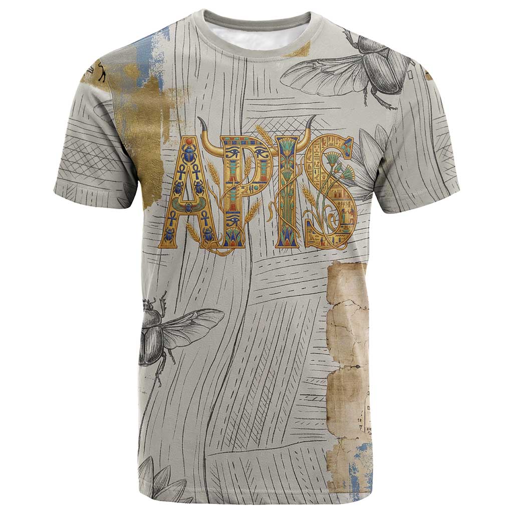 Apis Ancient Egyptian T shirt with Beige-Gray Hieroglyphic, Ornate Bull Head, and Gold-Blue Typography - African Pride