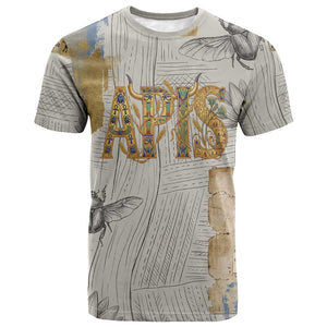 Apis Ancient Egyptian T shirt with Beige-Gray Hieroglyphic, Ornate Bull Head, and Gold-Blue Typography - African Pride
