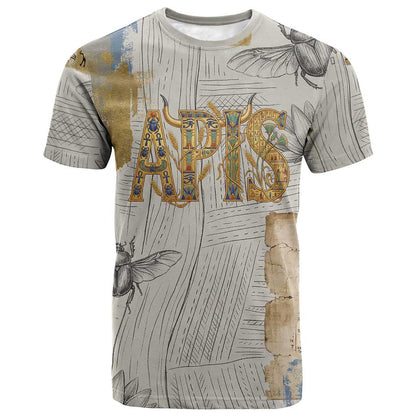Apis Ancient Egyptian T shirt with Beige-Gray Hieroglyphic, Ornate Bull Head, and Gold-Blue Typography - African Pride