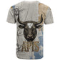 Apis Ancient Egyptian T shirt with Beige-Gray Hieroglyphic, Ornate Bull Head, and Gold-Blue Typography - African Pride