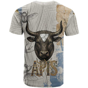 Apis Ancient Egyptian T shirt with Beige-Gray Hieroglyphic, Ornate Bull Head, and Gold-Blue Typography - African Pride
