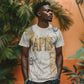 Apis Ancient Egyptian T shirt with Beige-Gray Hieroglyphic, Ornate Bull Head, and Gold-Blue Typography - African Pride