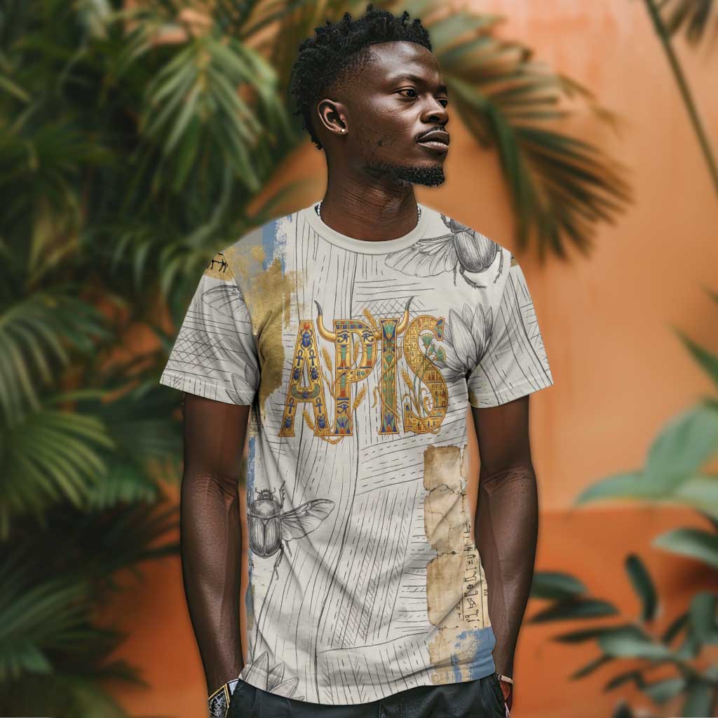 Apis Ancient Egyptian T shirt with Beige-Gray Hieroglyphic, Ornate Bull Head, and Gold-Blue Typography - African Pride