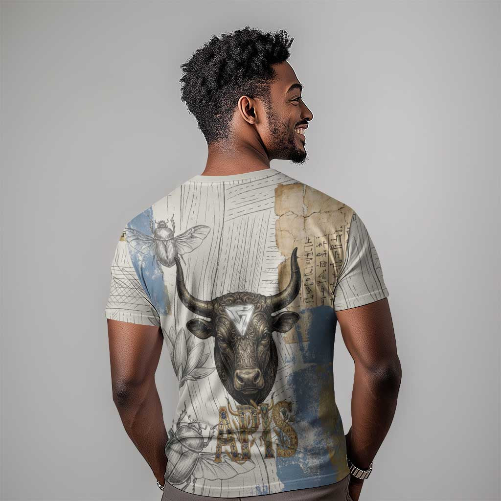 Apis Ancient Egyptian T shirt with Beige-Gray Hieroglyphic, Ornate Bull Head, and Gold-Blue Typography - African Pride