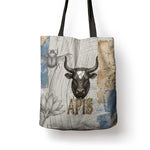 Apis Ancient Egyptian Tote Bag with Beige-Gray Hieroglyphic, Ornate Bull Head, and Gold-Blue Typography - African Pride
