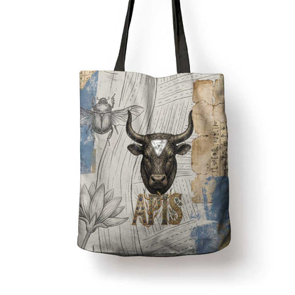 Apis Ancient Egyptian Tote Bag with Beige-Gray Hieroglyphic, Ornate Bull Head, and Gold-Blue Typography - African Pride
