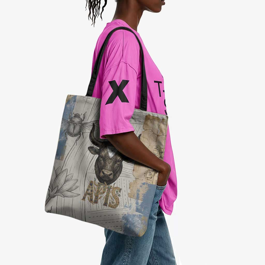 Apis Ancient Egyptian Tote Bag with Beige-Gray Hieroglyphic, Ornate Bull Head, and Gold-Blue Typography - African Pride