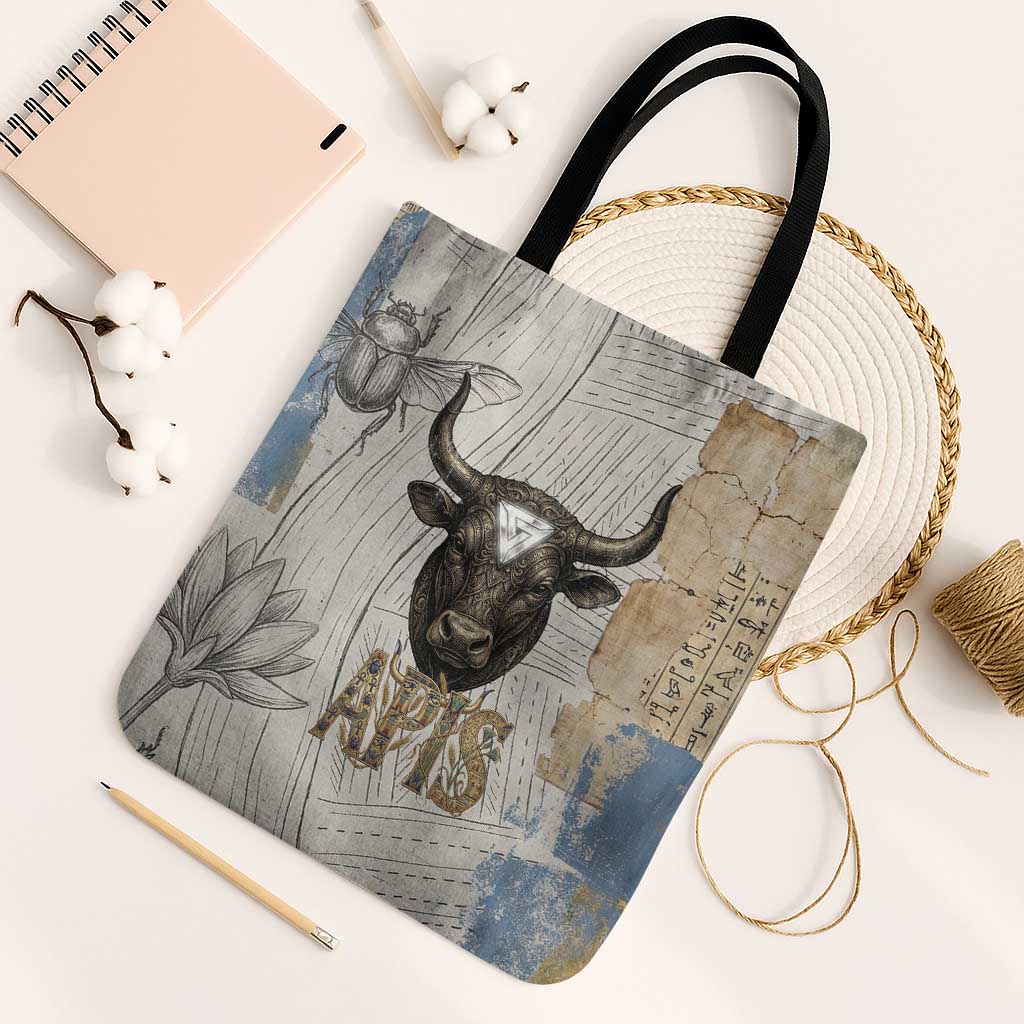 Apis Ancient Egyptian Tote Bag with Beige-Gray Hieroglyphic, Ornate Bull Head, and Gold-Blue Typography - African Pride