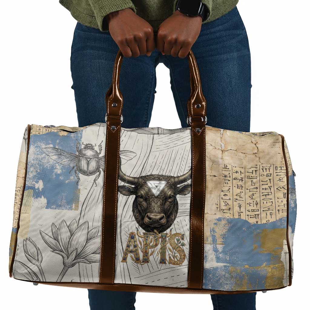 Apis Ancient Egyptian Travel Bag with Beige-Gray Hieroglyphic, Ornate Bull Head, and Gold-Blue Typography - African Pride