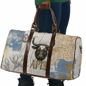 Apis Ancient Egyptian Travel Bag with Beige-Gray Hieroglyphic, Ornate Bull Head, and Gold-Blue Typography - African Pride