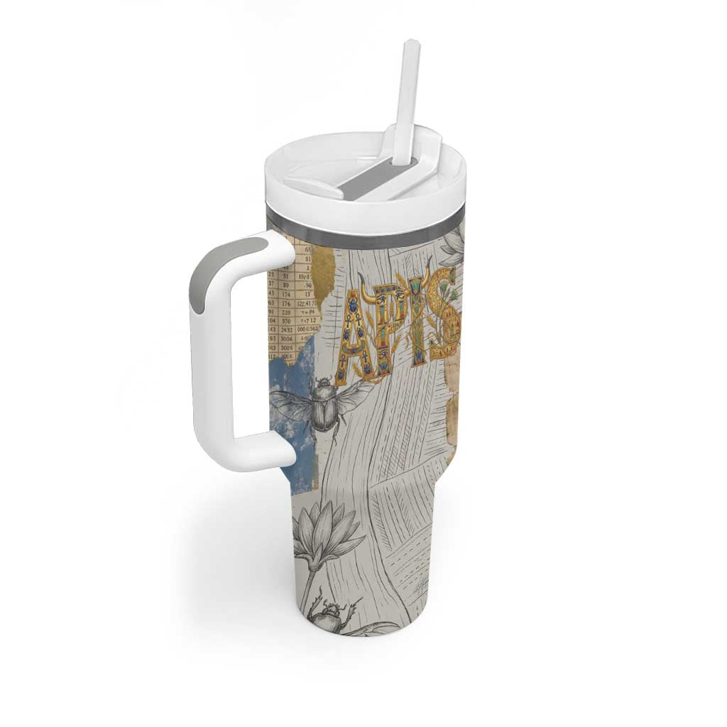 Apis Ancient Egyptian Tumbler With Handle with Beige-Gray Hieroglyphic, Ornate Bull Head, and Gold-Blue Typography - African Pride
