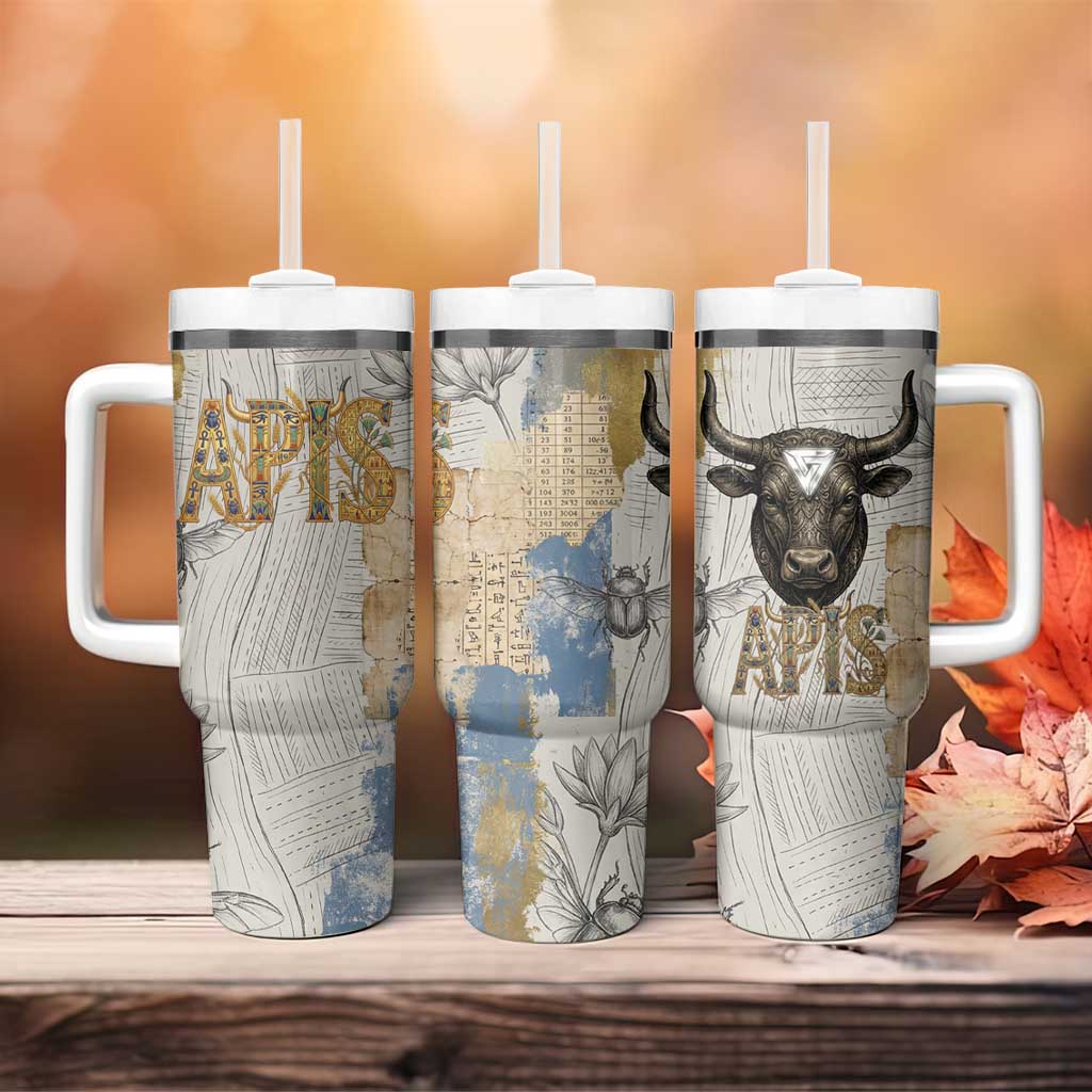 Apis Ancient Egyptian Tumbler With Handle with Beige-Gray Hieroglyphic, Ornate Bull Head, and Gold-Blue Typography - African Pride