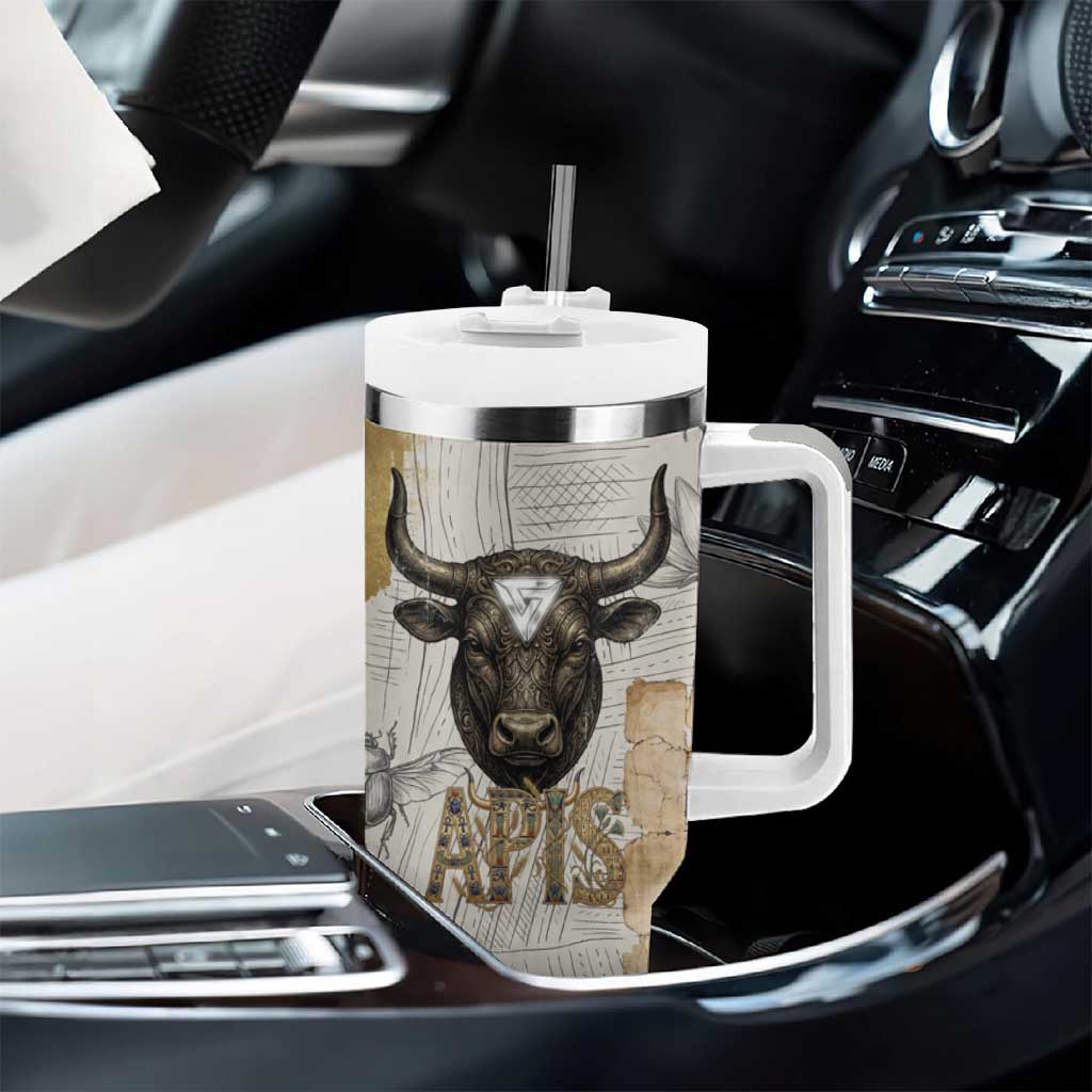 Apis Ancient Egyptian Tumbler With Handle with Beige-Gray Hieroglyphic, Ornate Bull Head, and Gold-Blue Typography - African Pride