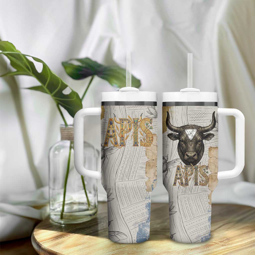Apis Ancient Egyptian Tumbler With Handle with Beige-Gray Hieroglyphic, Ornate Bull Head, and Gold-Blue Typography - African Pride