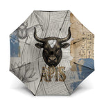Apis Ancient Egyptian Umbrella with Beige-Gray Hieroglyphic, Ornate Bull Head, and Gold-Blue Typography - African Pride