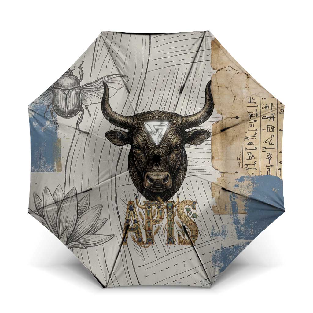 Apis Ancient Egyptian Umbrella with Beige-Gray Hieroglyphic, Ornate Bull Head, and Gold-Blue Typography - African Pride