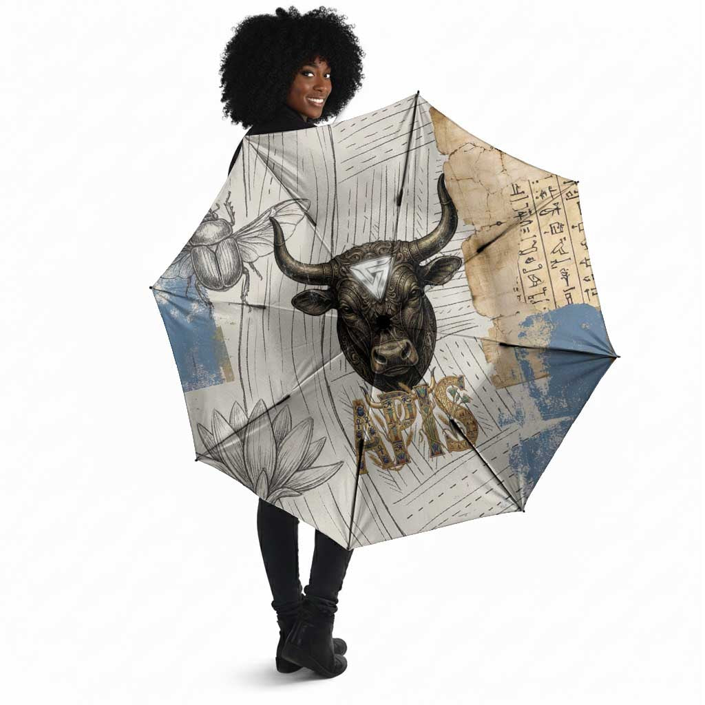 Apis Ancient Egyptian Umbrella with Beige-Gray Hieroglyphic, Ornate Bull Head, and Gold-Blue Typography - African Pride