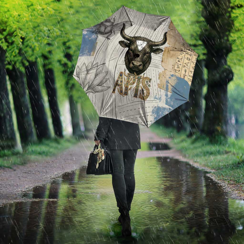 Apis Ancient Egyptian Umbrella with Beige-Gray Hieroglyphic, Ornate Bull Head, and Gold-Blue Typography - African Pride