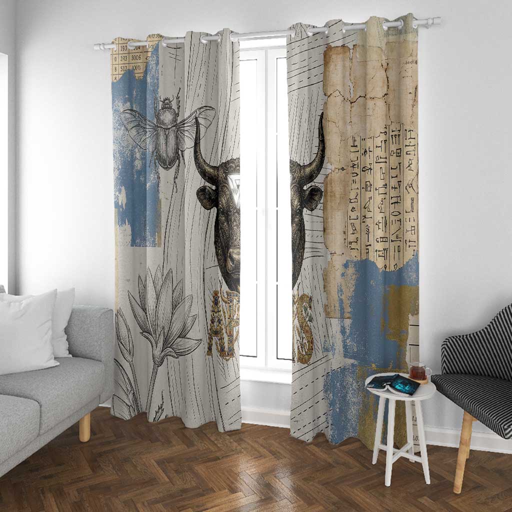 Apis Ancient Egyptian Window Curtain with Beige-Gray Hieroglyphic, Ornate Bull Head, and Gold-Blue Typography - African Pride
