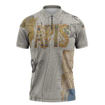 Apis Ancient Egyptian Zipper Polo Shirt with Beige-Gray Hieroglyphic, Ornate Bull Head, and Gold-Blue Typography - African Pride