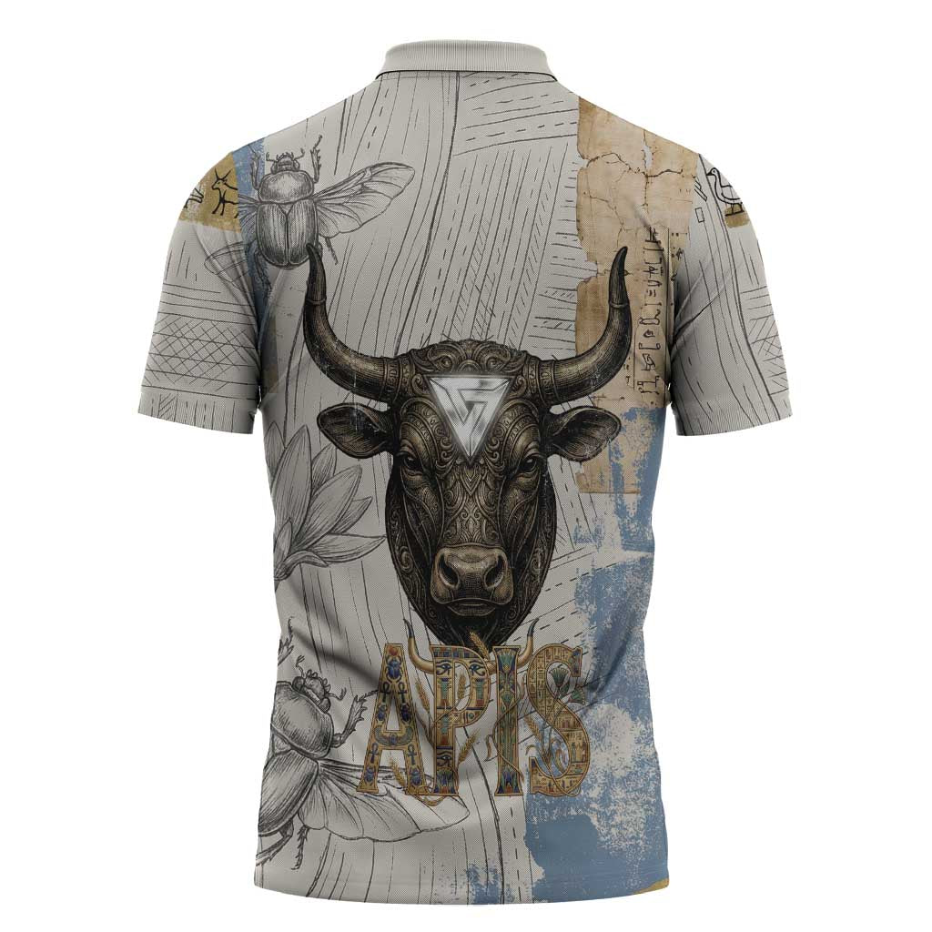 Apis Ancient Egyptian Zipper Polo Shirt with Beige-Gray Hieroglyphic, Ornate Bull Head, and Gold-Blue Typography - African Pride