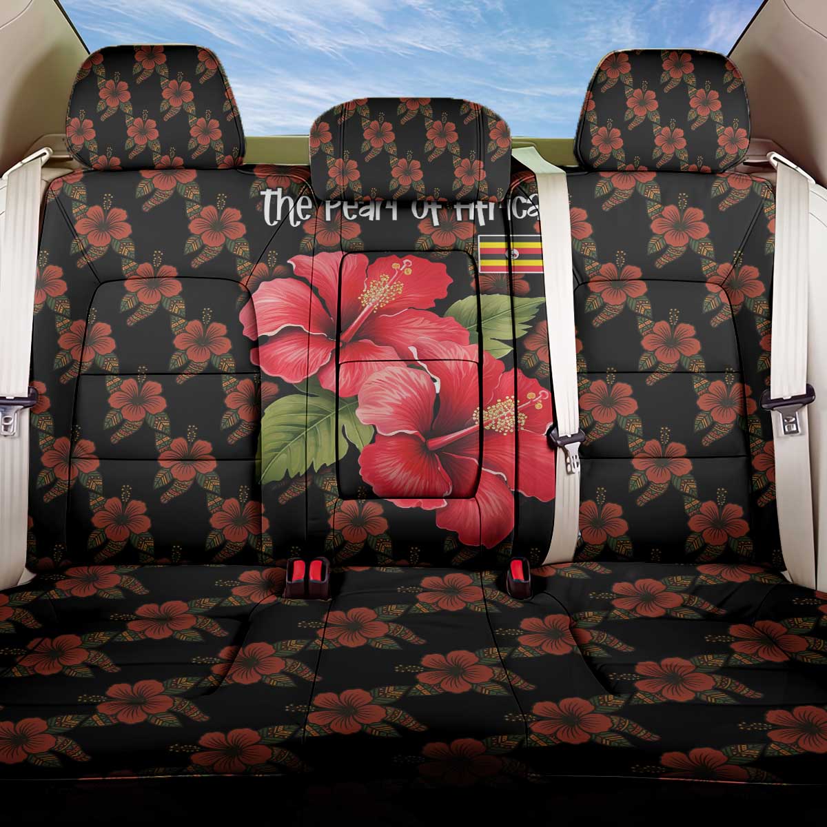 Uganda Back Car Seat Cover - Hibiscus Flower Pattern and The Pearl of Africa Text