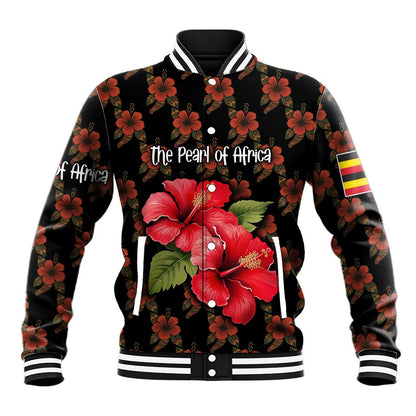 Uganda Baseball Jacket - Hibiscus Flower Pattern and The Pearl of Africa Text