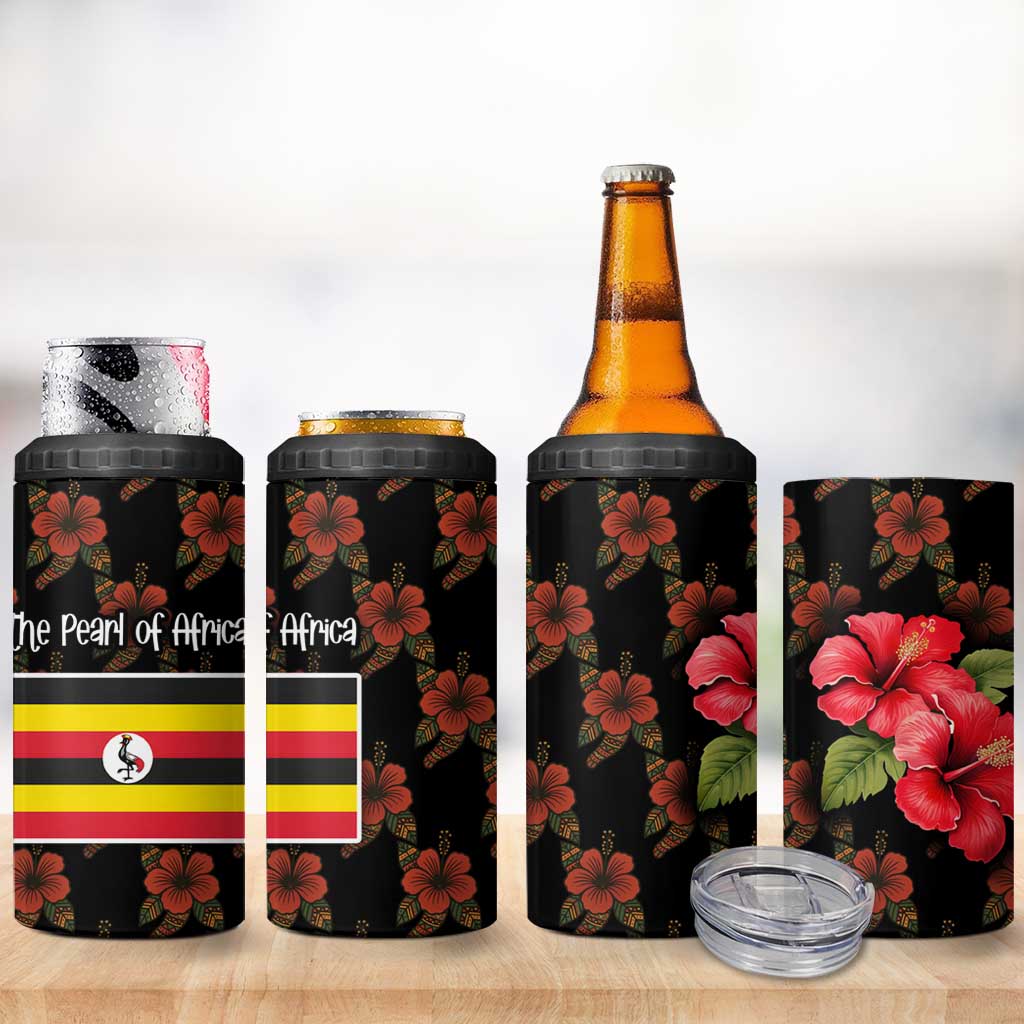 Uganda 4 in 1 Can Cooler Tumbler - Hibiscus Flower Pattern and The Pearl of Africa Text