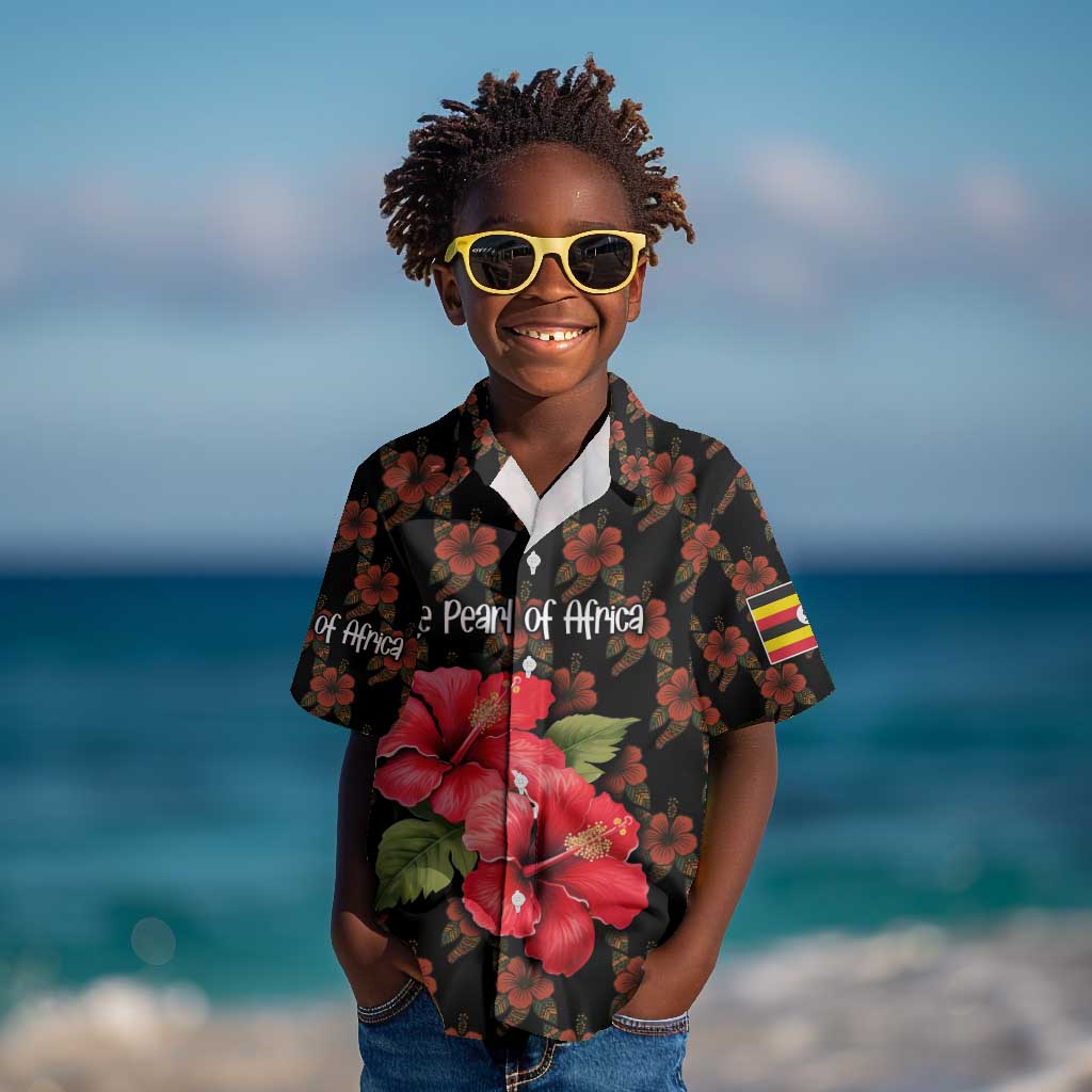 Uganda Kid Hawaiian Shirt - Hibiscus Flower Pattern and The Pearl of Africa Text