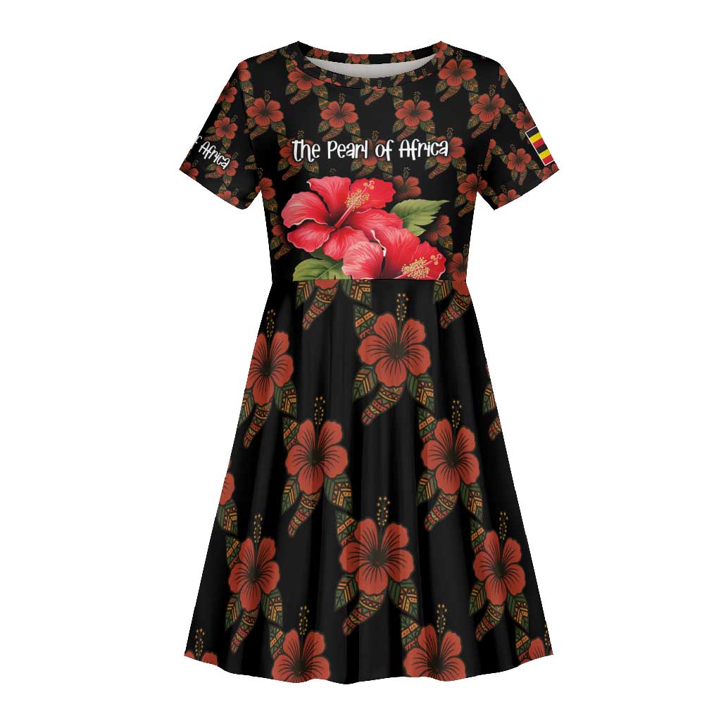 Uganda Kid Short Sleeve Dress - Hibiscus Flower Pattern and The Pearl of Africa Text