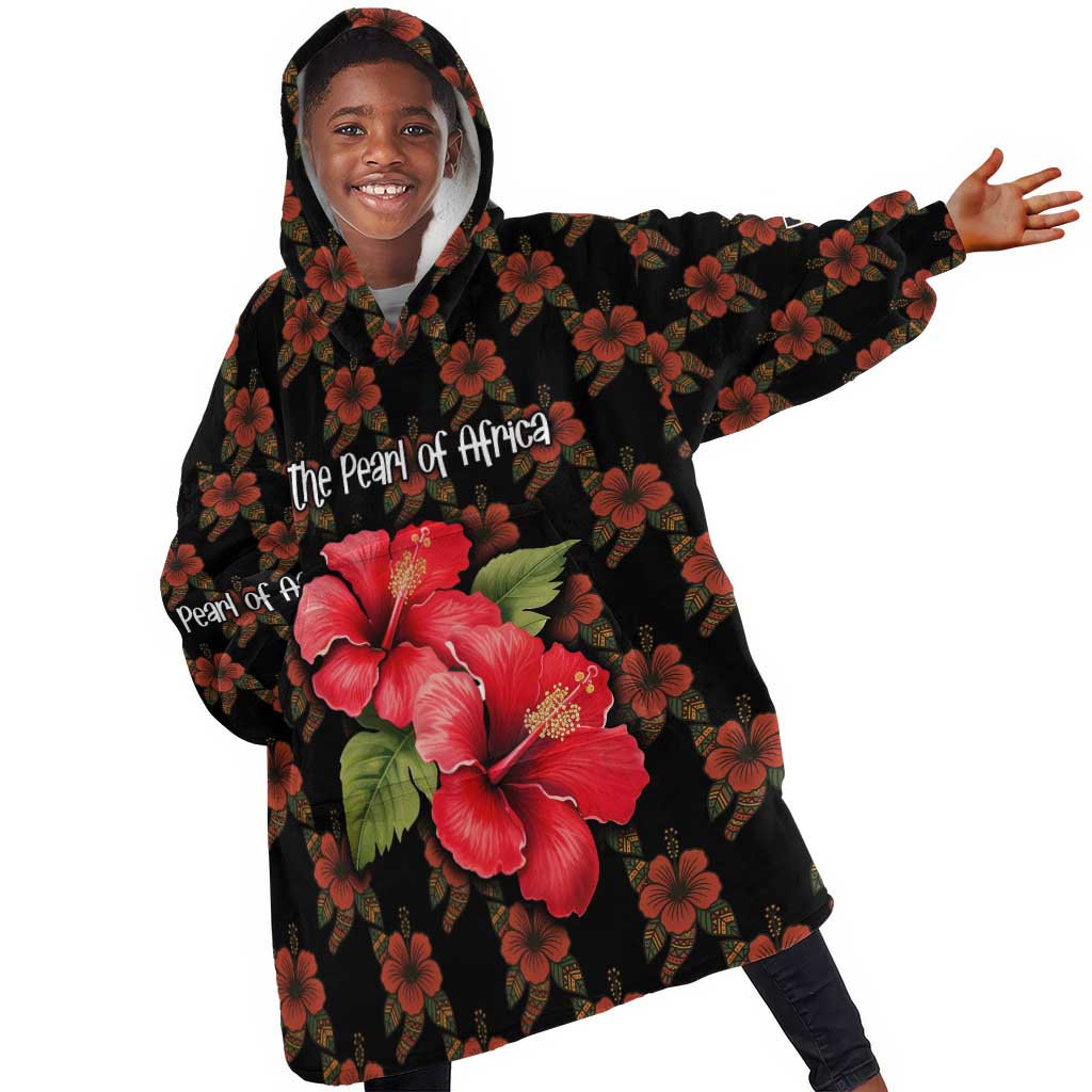 Uganda Kid Wearable Blanket Hoodie - Hibiscus Flower Pattern and The Pearl of Africa Text