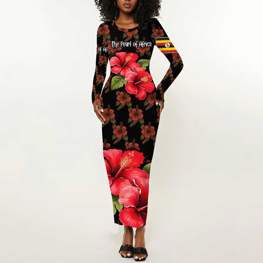 Uganda Long Sleeve Bodycon Dress - Hibiscus Flower Pattern and The Pearl of Africa Text TS04
