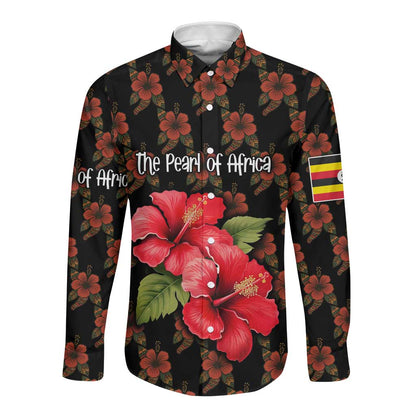 Uganda Long Sleeve Button Shirt - Hibiscus Flower Pattern and The Pearl of Africa Text