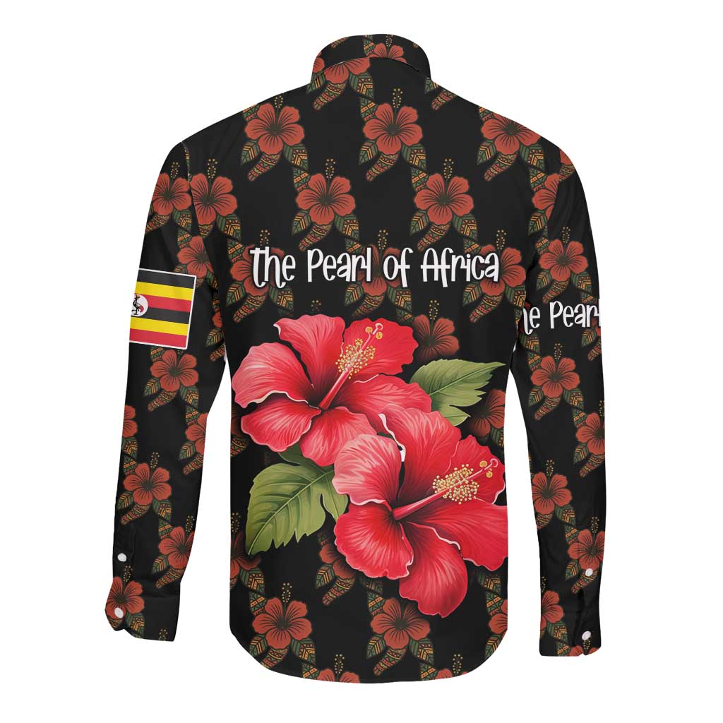 Uganda Long Sleeve Button Shirt - Hibiscus Flower Pattern and The Pearl of Africa Text