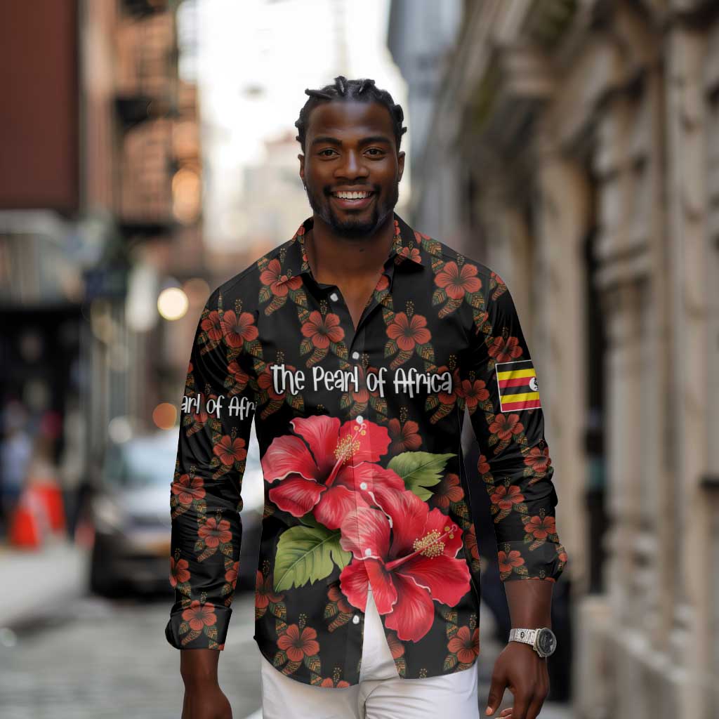 Uganda Long Sleeve Button Shirt - Hibiscus Flower Pattern and The Pearl of Africa Text