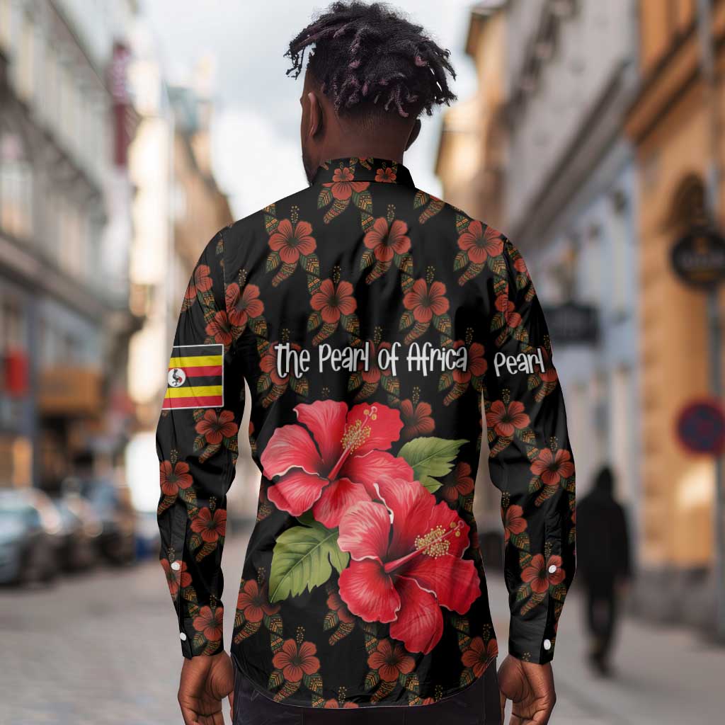 Uganda Long Sleeve Button Shirt - Hibiscus Flower Pattern and The Pearl of Africa Text