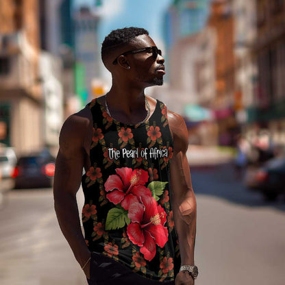Uganda Men Tank Top - Hibiscus Flower Pattern and The Pearl of Africa Text