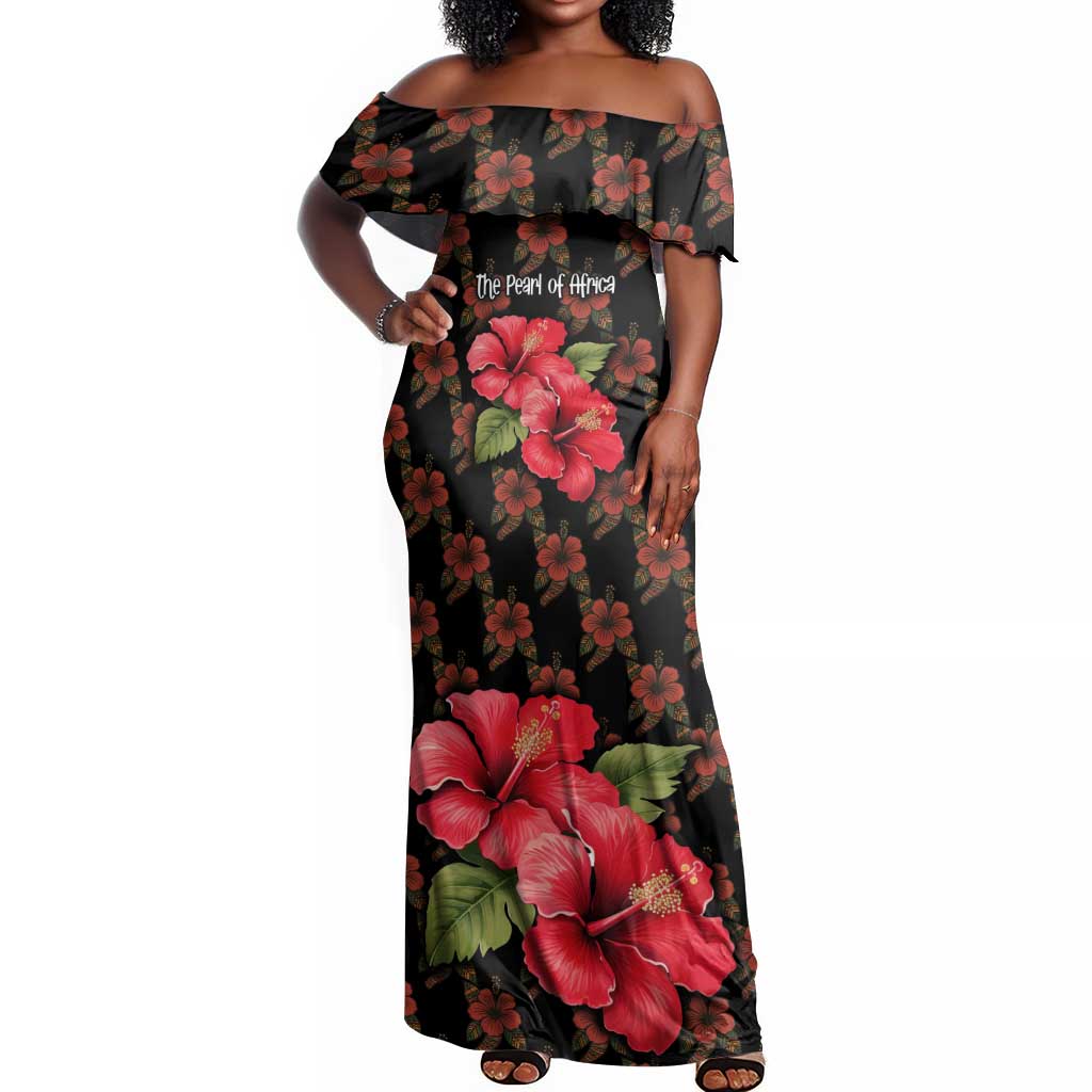 Uganda Off Shoulder Maxi Dress - Hibiscus Flower Pattern and The Pearl of Africa Text