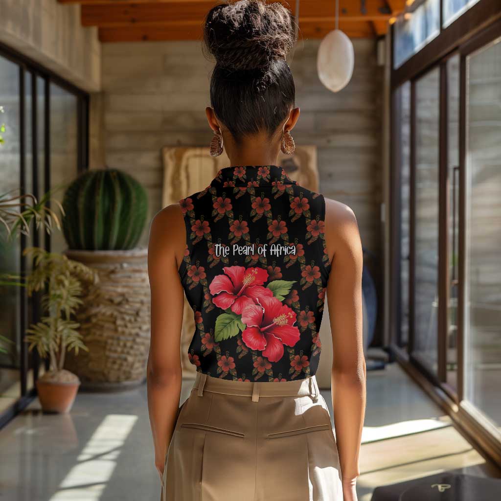 Uganda Women Sleeveless Polo Shirt - Hibiscus Flower Pattern and The Pearl of Africa Text