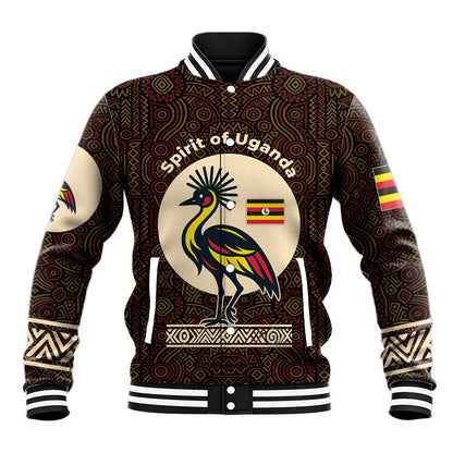 Uganda Baseball Jacket - Grey Crowned Crane and Tribal Pattern Spirit of Uganda Theme