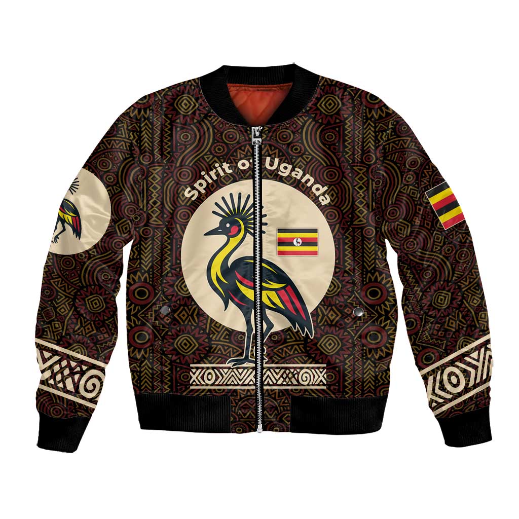 Uganda Bomber Jacket - Grey Crowned Crane and Tribal Pattern Spirit of Uganda Theme
