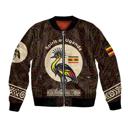 Uganda Bomber Jacket - Grey Crowned Crane and Tribal Pattern Spirit of Uganda Theme