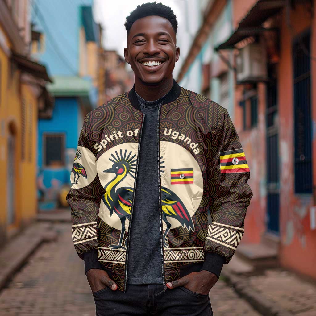 Uganda Bomber Jacket - Grey Crowned Crane and Tribal Pattern Spirit of Uganda Theme