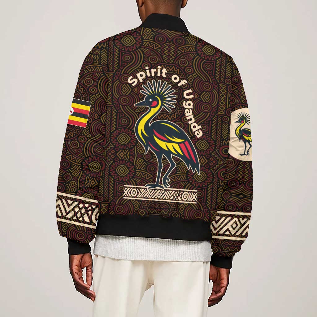 Uganda Bomber Jacket - Grey Crowned Crane and Tribal Pattern Spirit of Uganda Theme