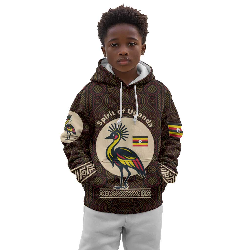 Uganda Kid Hoodie - Grey Crowned Crane and Tribal Pattern Spirit of Uganda Theme