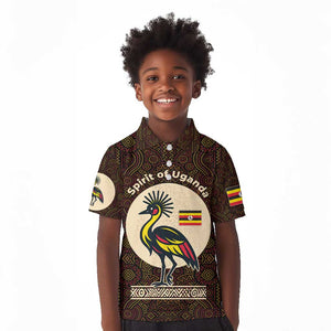 Uganda Kid Polo Shirt - Grey Crowned Crane and Tribal Pattern Spirit of Uganda Theme