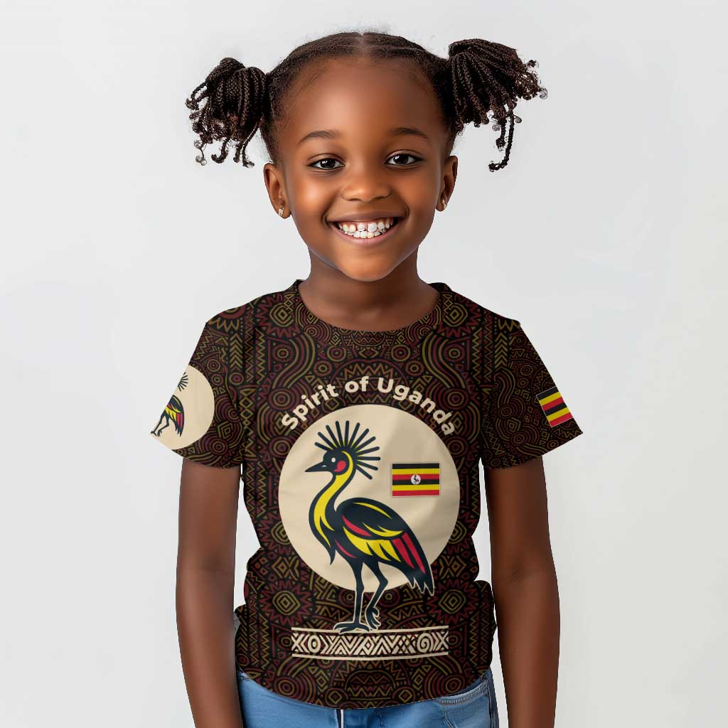 Uganda Kid T shirt - Grey Crowned Crane and Tribal Pattern Spirit of Uganda Theme