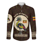 Uganda Long Sleeve Button Shirt - Grey Crowned Crane and Tribal Pattern Spirit of Uganda Theme