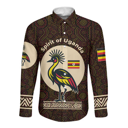Uganda Long Sleeve Button Shirt - Grey Crowned Crane and Tribal Pattern Spirit of Uganda Theme